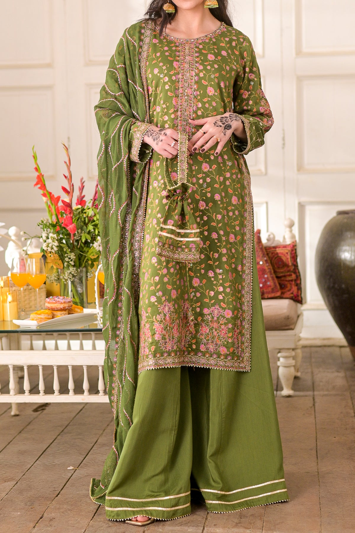 WOMEN'S-3 PIECE EMBROIDERY VISCOSE | DPV-227