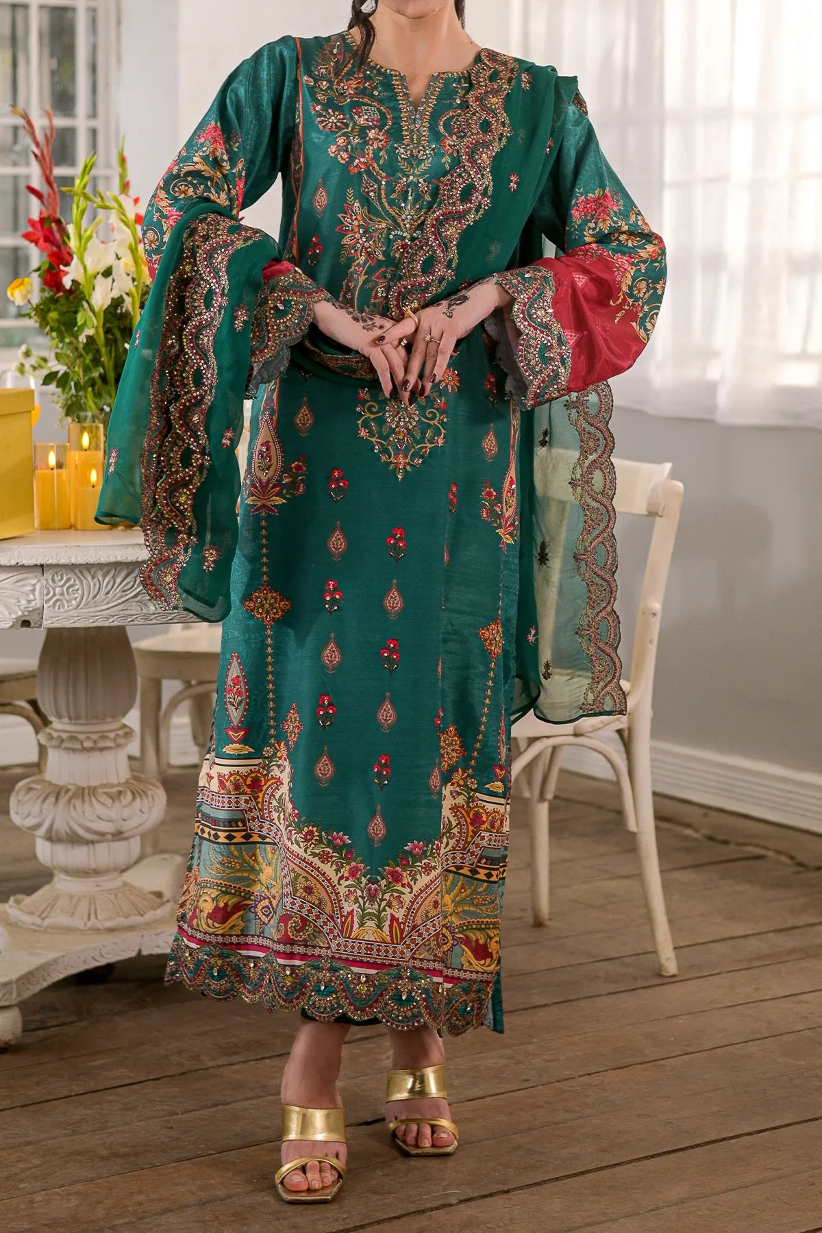 WOMEN'S-3 PIECE  PRINTED RAW SILK | DPV-233