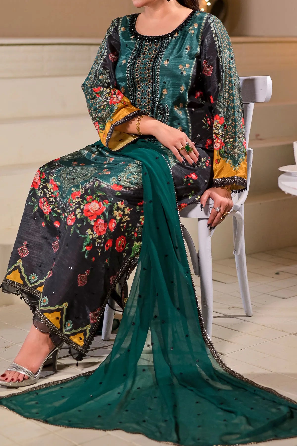 WOMEN'S-3 PIECE  PRINTED RAW SILK | DPV-234